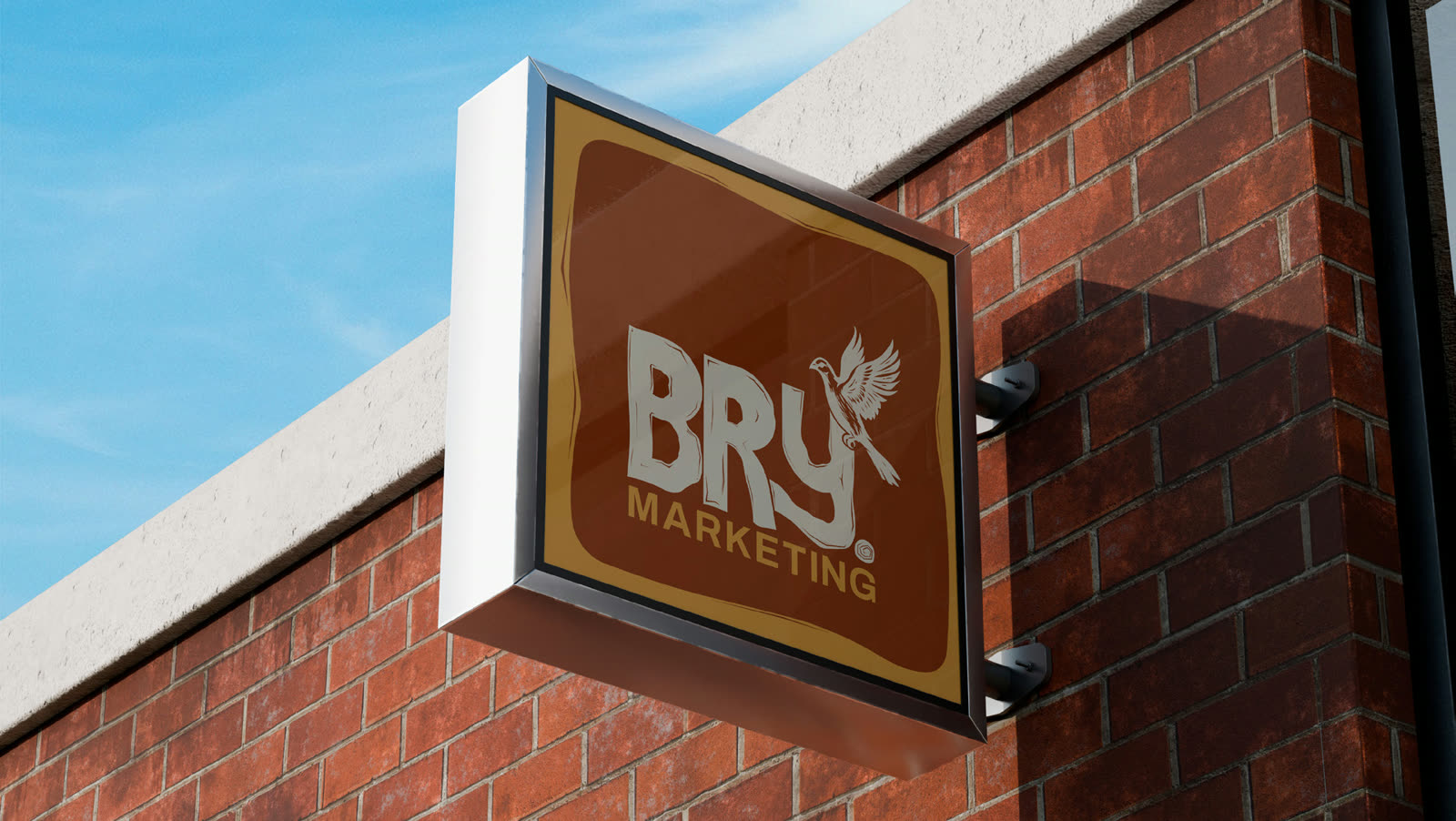 Placa luminosa com o logo Bry em parede de tijolos